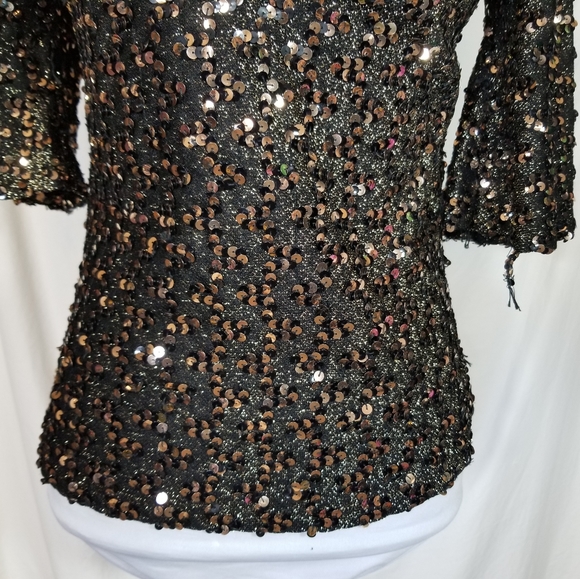 Imagnin Black Gold Sequin Covered Top Metallic Thread Short Half Sleeve Vintage - Picture 3 of 14